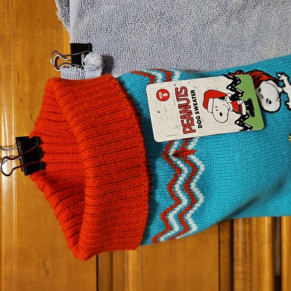 Peanuts Festive Dog Sweater in Red and Teal-Size Small.